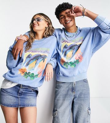 COLLUSION Unisex sweatshirt with dolphin print in blue acid wash