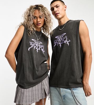 COLLUSION Unisex tattoo front print oversized tank top in charcoal-Gray