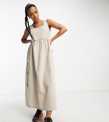 COLLUSION utility pocket pinafore maxi dress in neutral