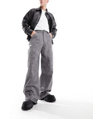 COLLUSION wide leg utility detail pants in leather look in gray-Black
