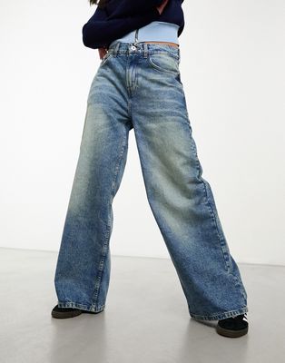 COLLUSION x013 high rise wide leg jeans in midwash-Blue