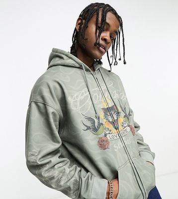 COLLUSION zip up hoodie with tattoo print in washed green