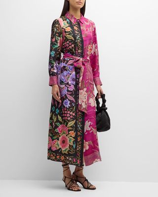 Colorblock Floral-Print Silk Midi Shirtdress