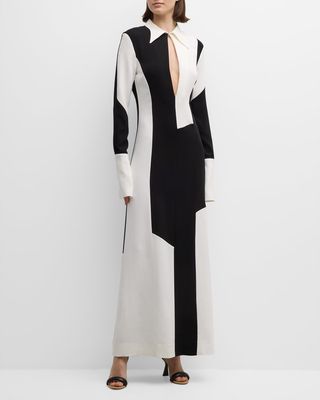 Colorblock Paneled Long-Sleeve Keyhole Collared Gown