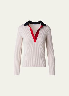 Colorblock Ribbed Wool Polo Top
