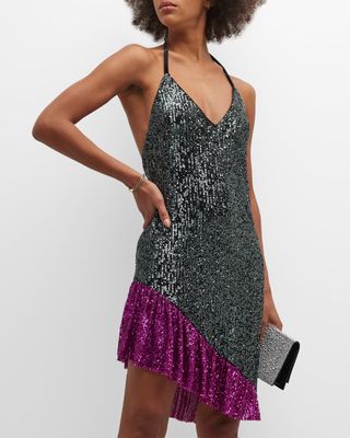 Colorblock Sequin Halter Mini Dress