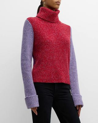 Colorblock Tweed Turtleneck Sweater