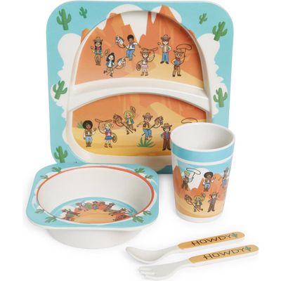 Colorfull Plates Western Theme Mealtime Plate, Bowl, Cup & Utensil Set in Tan Multi 