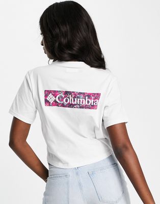 Columbia North Cascades cropped backprint t-shirt in white/ fuchsia