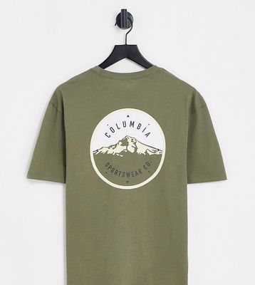 Columbia Tillamook Way II back print T-shirt in khaki Exclusive to ASOS-Green