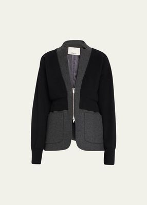 Combo Wool-Knit Zip-Front Blazer
