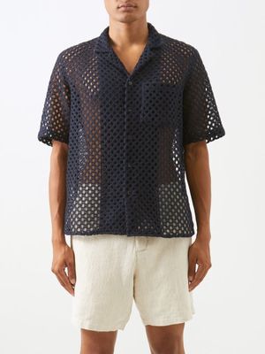 Commas - Short-sleeved Linen-blend Macramé Shirt - Mens - Dark Navy