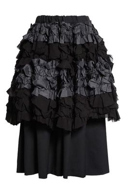 Comme des Garçons Comme des Garçons Layered Ruffle Satin & Wool Gabardine Midi Skirt in Black X Black