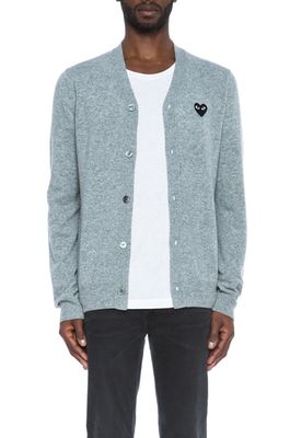 Comme Des Garcons PLAY Lambswool Cardigan with Black Emblem in Gray