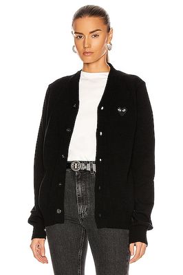 Comme Des Garcons PLAY Wool Cardigan with Black Emblem in Black