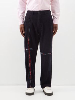 Comme Des Garçons Shirt - Distressed Tartan-inset Wool-blend Suit Trousers - Mens - Navy