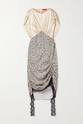 Commission - Cavalier Lace-trimmed Paneled Silk-satin And Floral-print Crepe Midi Dress - Cream