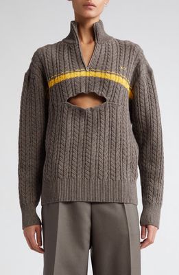 Commission Cutout Cable Stitch Quarter Zip Merino Wool Sweater in Taupe