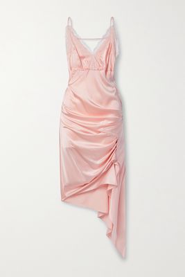Commission - Saloon Asymmetric Lace-trimmed Gathered Silk-satin Dress - Pink