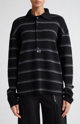 Commission Stripe Oversize Long Sleeve Merino Wool & Silk Dad Polo in Black