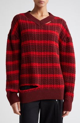 Commission University Stripe Cutout Detail Cable Stitch Merino Wool V-Neck Sweater in Maroon