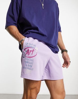 Coney Island Picnic mesh shorts in purple with art school placement prints - part of a set