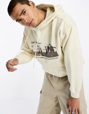 Coney Island Picnic pullover hoodie in beige with utopia chest and back print-Neutral
