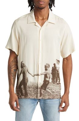 CONEY ISLAND PICNIC Utopia Print Short Sleeve Button-Up Camp Shirt in Almond