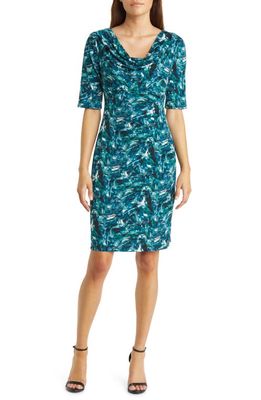 Connected Apparel Abstract Print Sheath Dress in Teal