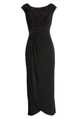 Connected Apparel Beaded Bodice Cap Sleeve Faux Wrap Cocktail Dress in Black/Gold