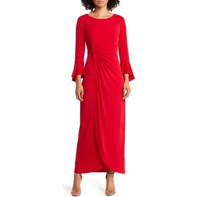 Connected Apparel Bell Sleeve Gathered Waist Gown in Apple Red 