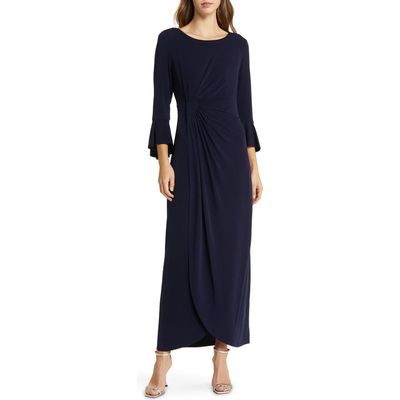 Connected Apparel Bell Sleeve Gathered Waist Gown in Navy 