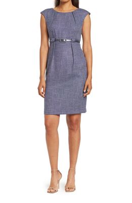 Connected Apparel Belted Cap Sleeve Sheath Dress in Denim
