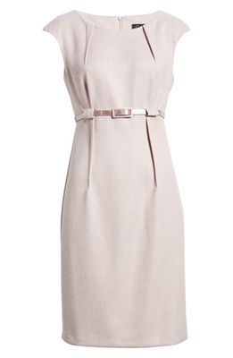 Connected Apparel Belted Cap Sleeve Sheath Dress in Dusty Blush