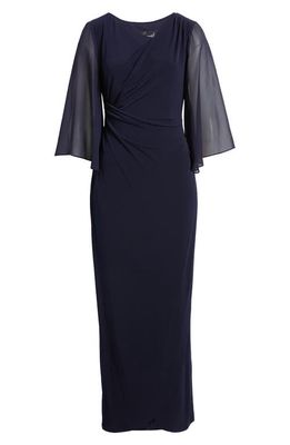 Connected Apparel Chiffon Cape Sleeve Side Ruched Gown in Navy