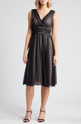 Connected Apparel Chiffon Overlay Fit & Flare Dress in Black/Soft Blush