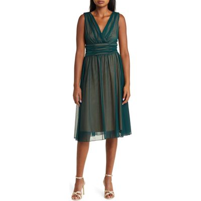 Connected Apparel Chiffon Overlay Fit & Flare Dress in Hunter/Gold 