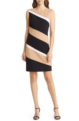 Connected Apparel Colorblock Sleeveless Dress in Camel/Ivory/Black