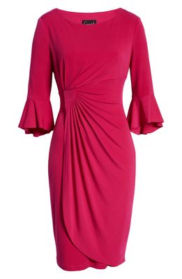 Connected Apparel Faux Wrap Bell Sleeve Jersey Cocktail Dress in Deep Fuschia