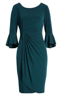 Connected Apparel Faux Wrap Bell Sleeve Jersey Cocktail Dress in Hunter