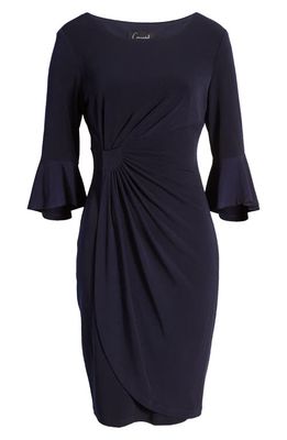 Connected Apparel Faux Wrap Bell Sleeve Jersey Cocktail Dress in Navy