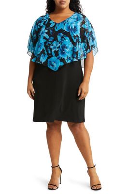 Connected Apparel Floral Cape Overlay Sheath Dress in Deep Turq