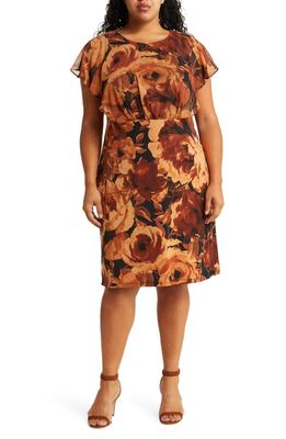 Connected Apparel Floral Chiffon Cape Overlay Midi Dress in Spice