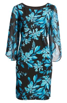 Connected Apparel Floral Chiffon Cape Sleeve Sheath Dress in Deep Turq