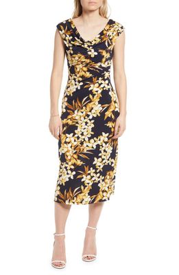 Connected Apparel Floral Cowl Neck Midi Dress in Navy/Mustd
