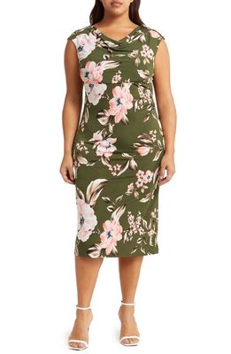 Connected Apparel Floral Drape Cowl Neck Midi Dress in Olive