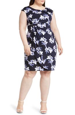 Connected Apparel Floral Faux Wrap Dress in Navy/Lavender