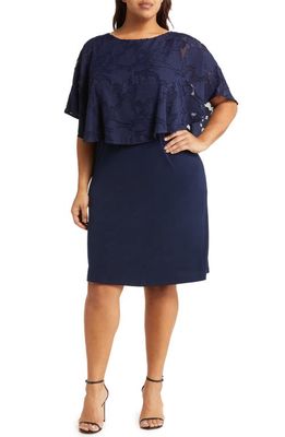 Connected Apparel Floral Jacquard Cape Overlay Dress in Navy