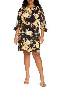 Connected Apparel Floral Mesh Flutter Sleeve Knit Dress in Navy/Mustard