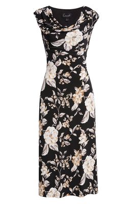 Connected Apparel Floral Print Cowl Neck Midi Dress in Black Floral